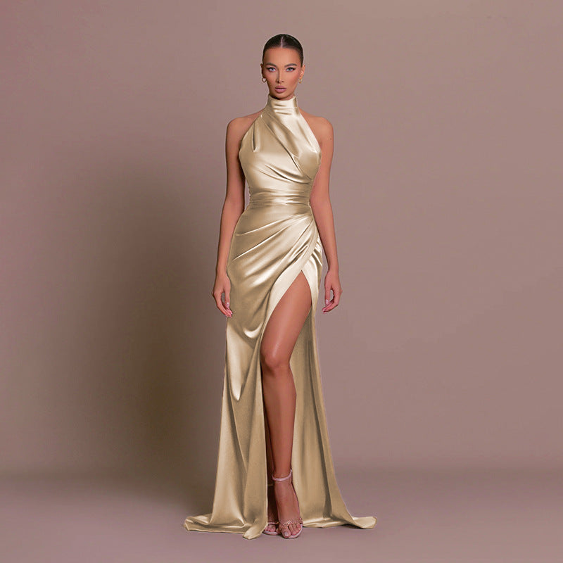 Halter Sleeveless Autumn New Graceful Stand Collar Long Dress