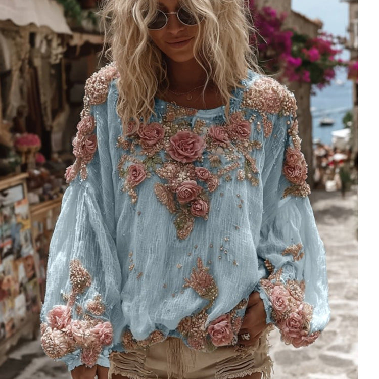 Women's 3D Printed Long-sleeved Shirt Loose All-match High-grade Top