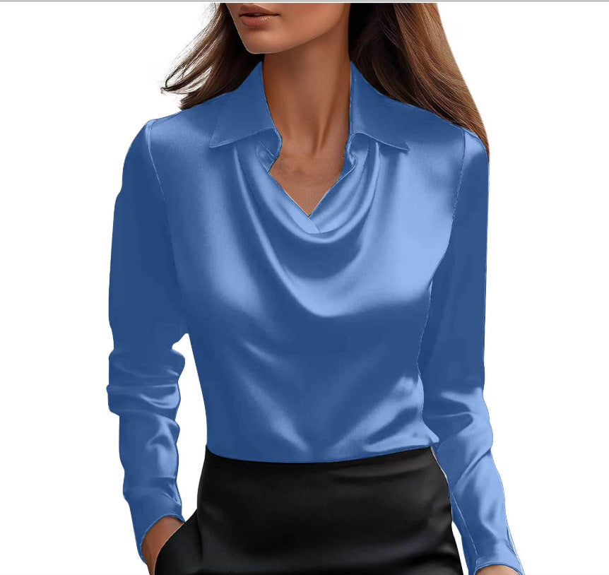 Spring And Autumn Temperament Long Sleeve Satin Swing Collar Top Shirt For Women