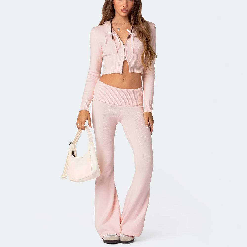 Women's Solid Color Slim Fit Short Hood Top Casual Pants Suit