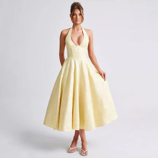 V-neck Halter Sleeveless Jacquard Lace-up Waist Vacation Style Long Senior Dress