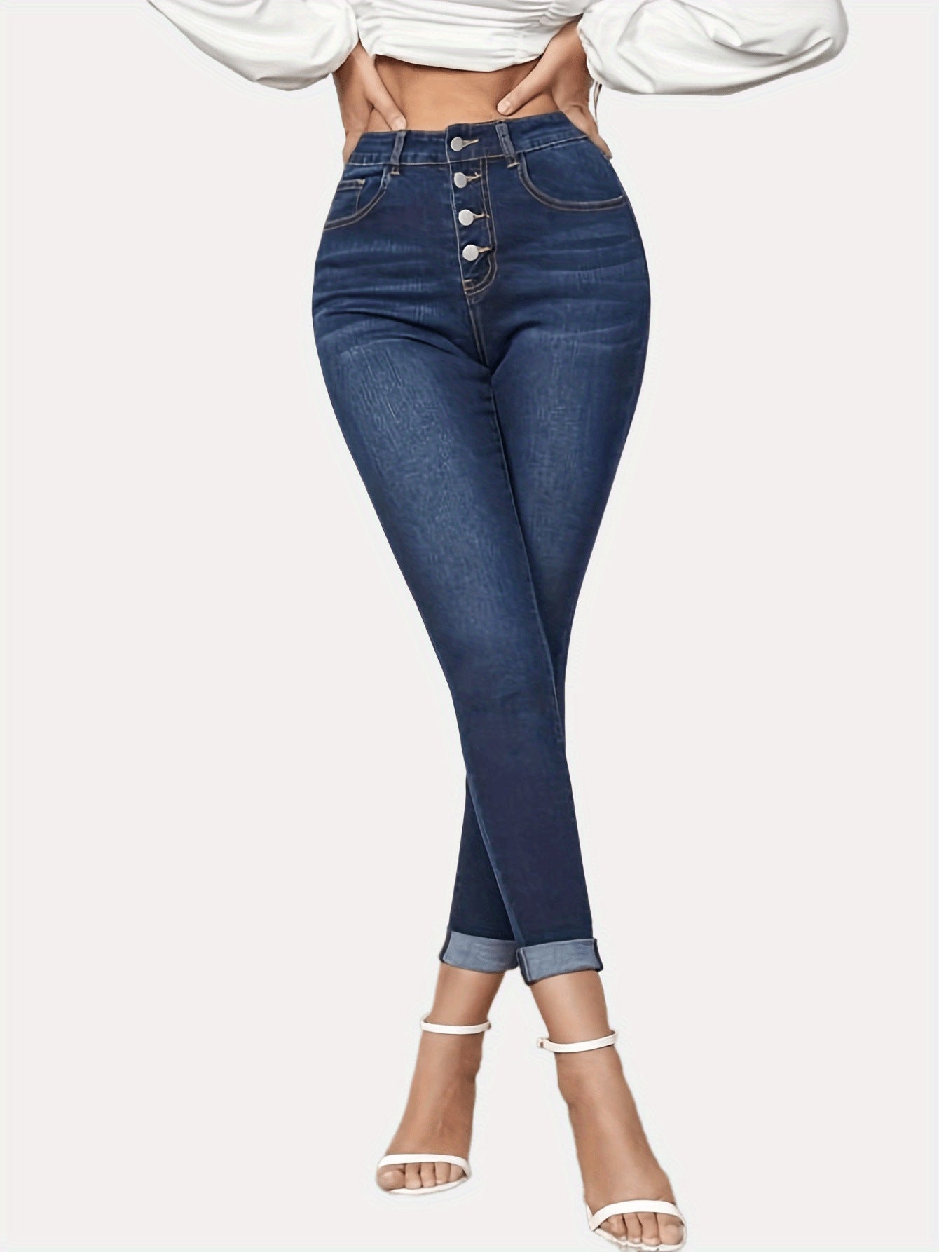 Contrast Color Slim Fit Stretch Rolled Hem Cropped Jeans
