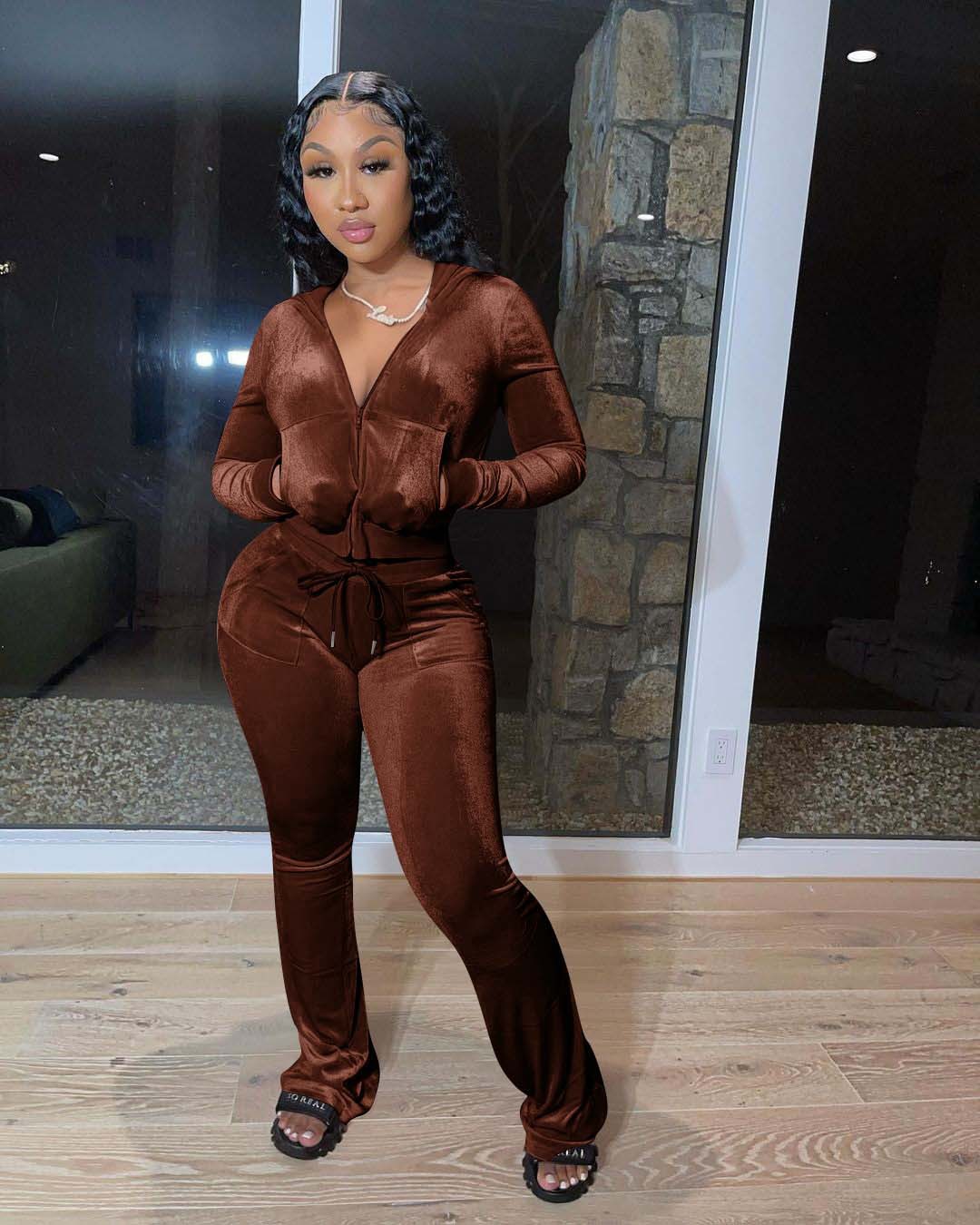 Gold Velvet Pocket Hooded Zip Sweatshirt Wide Leg Pants