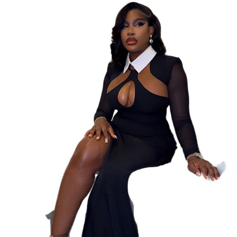 Body-hugging Shirt Collar Long Sleeve Design Hollow-out Dress