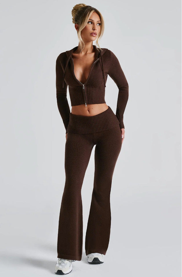 Women's Solid Color Slim Fit Short Hood Top Casual Pants Suit