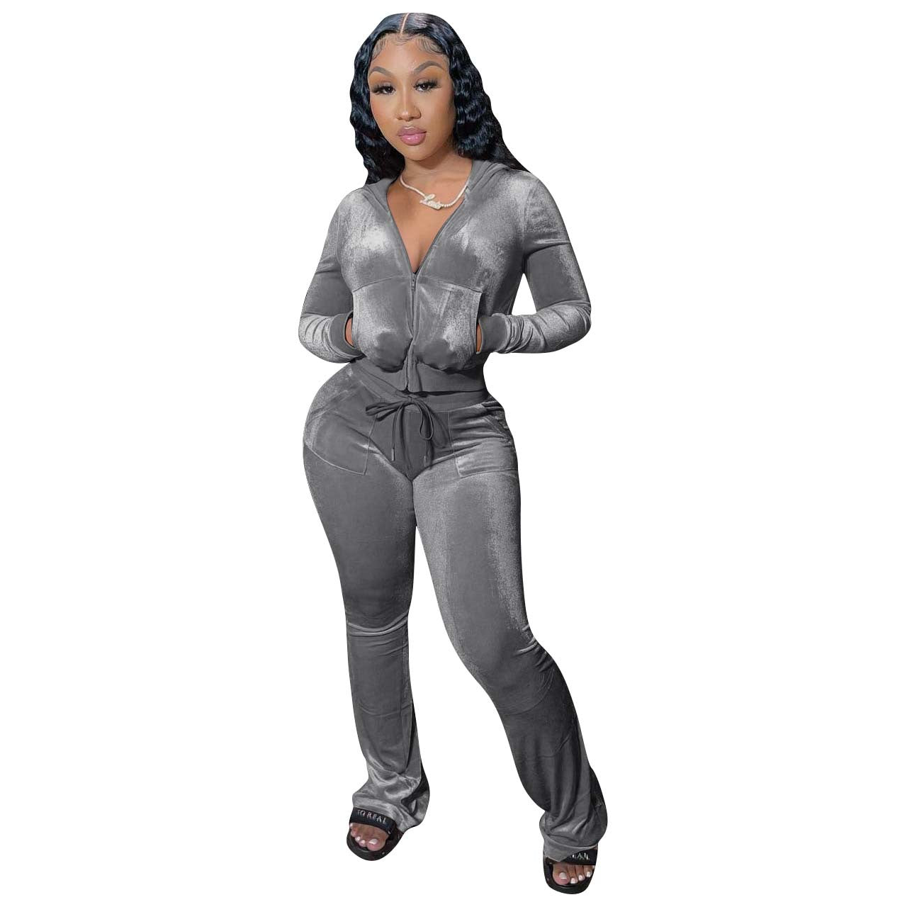 Gold Velvet Pocket Hooded Zip Sweatshirt Wide Leg Pants