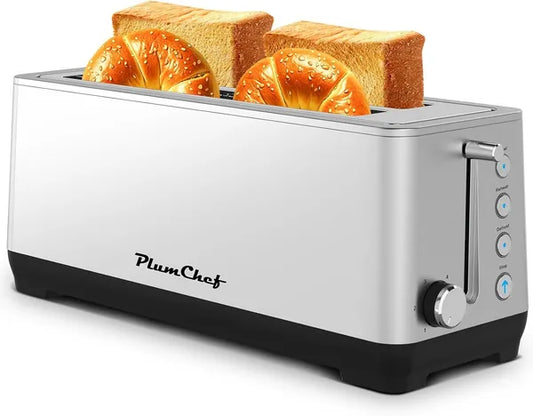 4-Slice Toaster, Extra Wide Long Slot Toaster, 6 Browning Settings, Bagel/Defrost/Reheat Functions, Removable Crumb Tray, Stainless Steel Housing, Silver