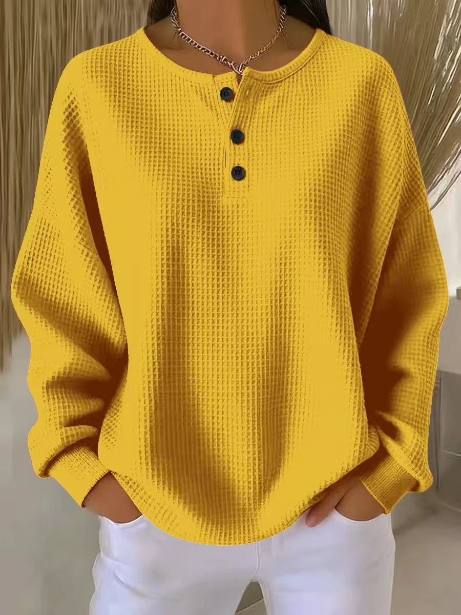 Round Neck Waffle Solid Color Pullover Loose Top