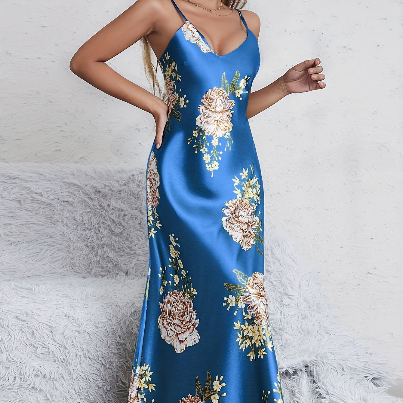 Womens European And American-style Floral-print Sleeveless Summer Loungewear Dress