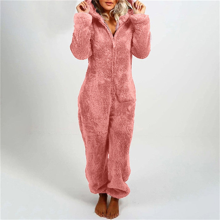 Fleece-lined Thickened Furry Jumpsuit Hooded Pajamas