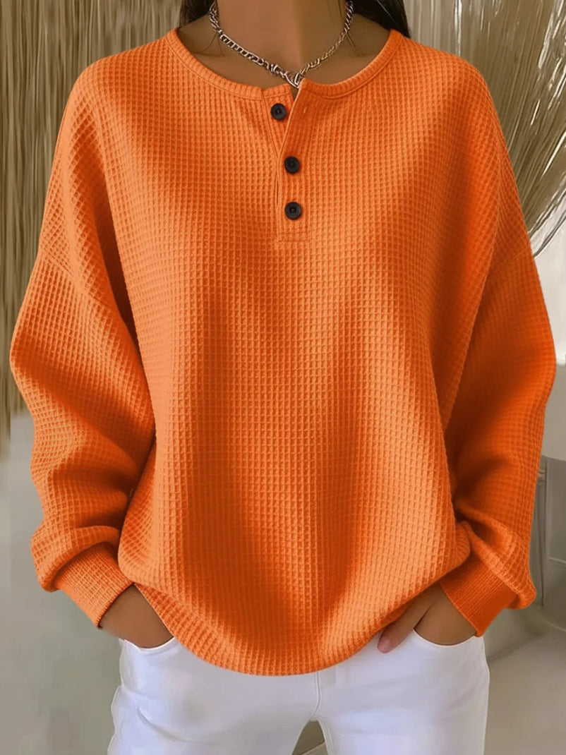 Round Neck Waffle Solid Color Pullover Loose Top