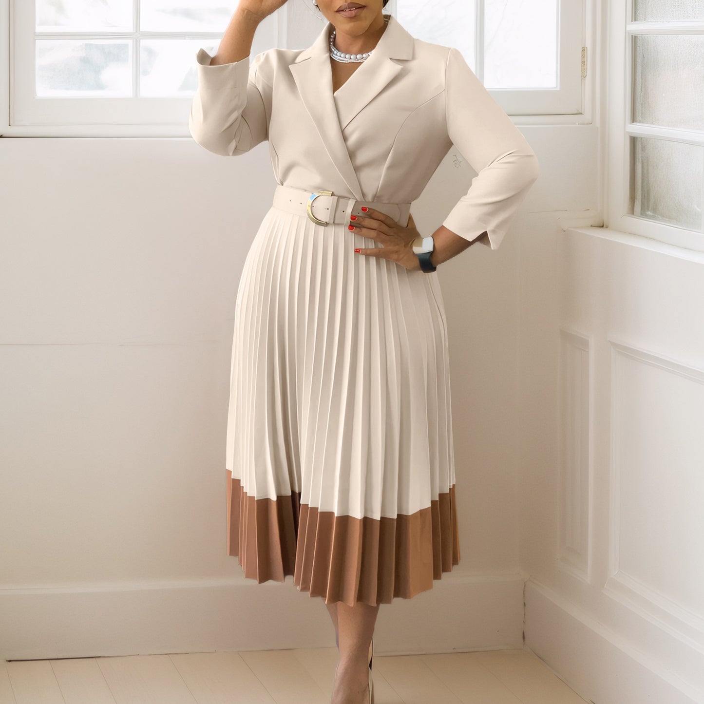 Suit Collar Fashion Elegant Pleated African Dress