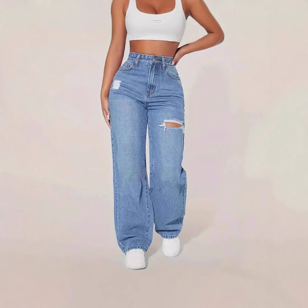 European And American Ladies Washed Hole Denim Trousers