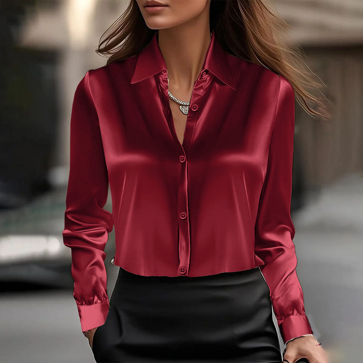 Spring And Autumn Temperament Long Sleeve Satin Swing Collar Top Shirt For Women