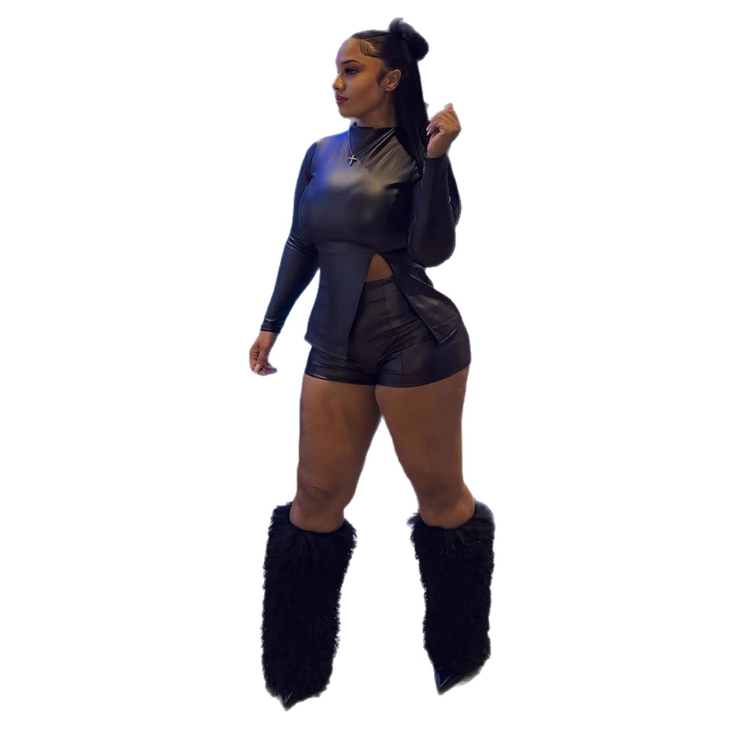 New Women's Top With Side Slit Tight High-waisted Shorts