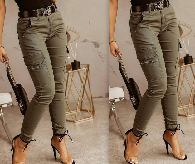 European And American Women's Trousers, Low-waisted Buttons, Solid Color Pockets