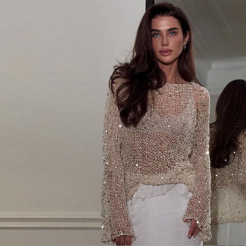 Sequined Hollow-out Long-sleeved Top Casual Style Loose Knitted